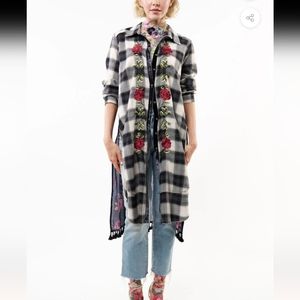 Aratta Black and White Plaid Long Tunic with Pink Rose Embroidery